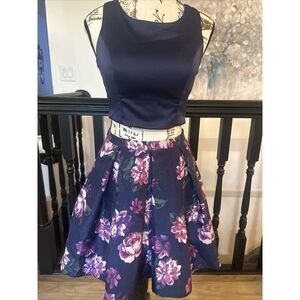 Sequin Hearts Junior Womens 3 Navy/pink Flowers 2 Pc Fit Flare Dress